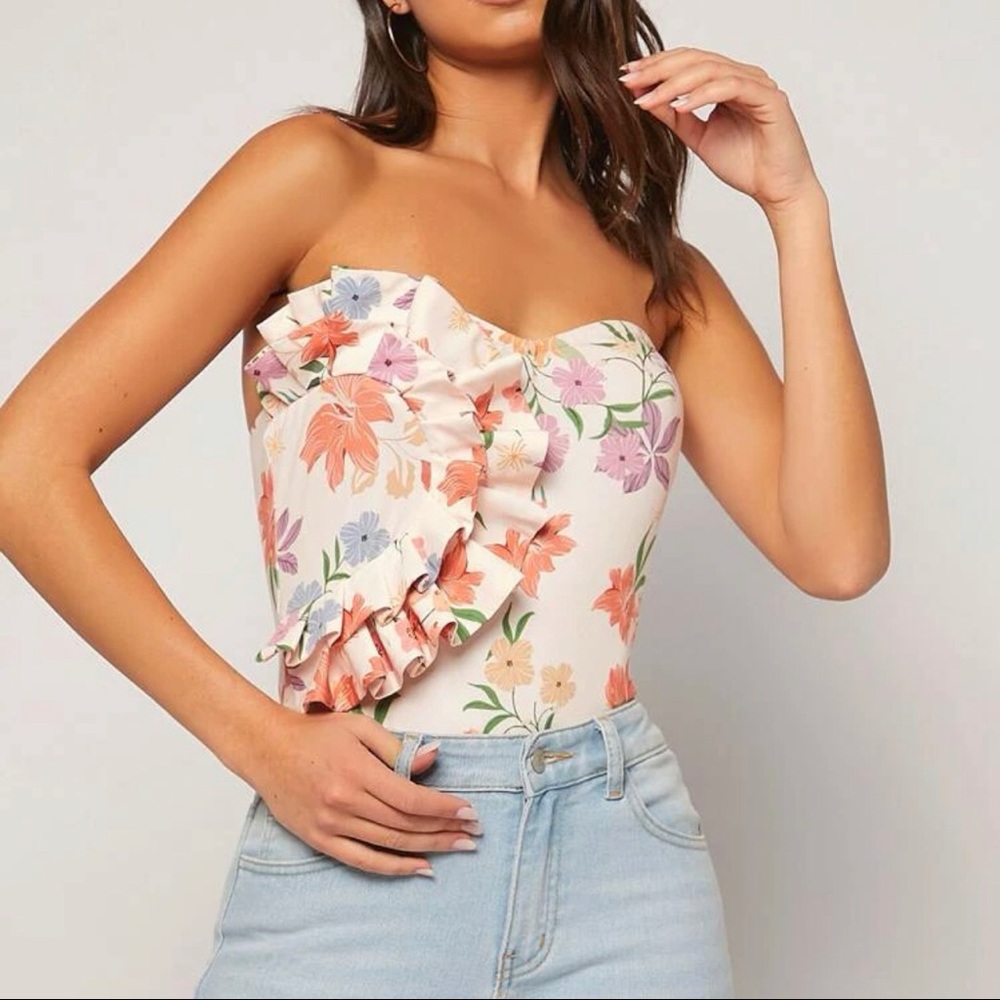 *NEW* SHEIN Floral Print Ruffle Trim Tube Bodysuit